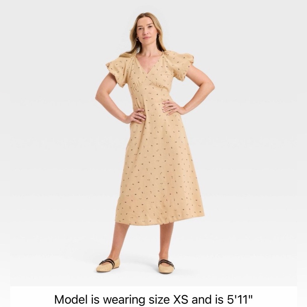 Universal Thread Tan Floral Midi Dress with Puff Sleeves - Picture 2 of 5